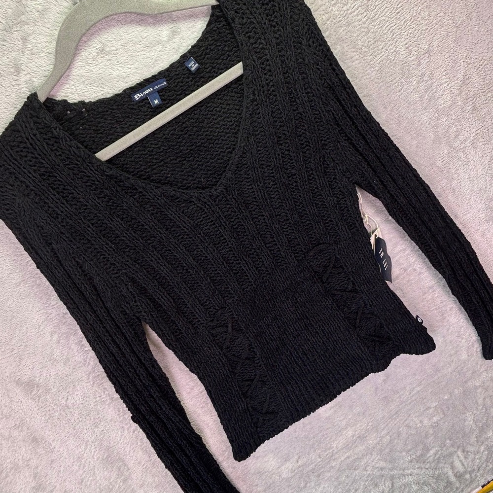 Bisou Jeans Women Sweater M Black V-Neck Corset Lace Up Cable Knit Vintage 2B81L